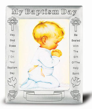 Pewter Finish Baptism Frame with Praying Boy