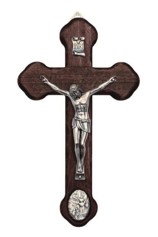 Wood Crucifix with Metal Corpus & Guardian Angel Medallion 8.75"