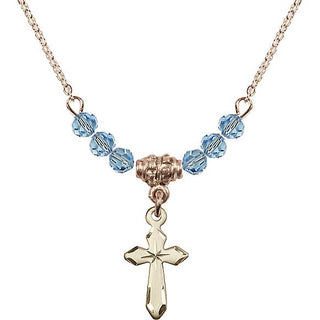 18-Inch Gold Plated Cross Necklace with 4mm Aqua Beads