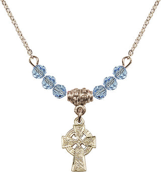 18-Inch Gold Plated Celtic Cross Necklace with 4mm Aqua Beads