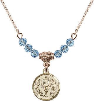 18-Inch Gold Plated First Communion Necklace with 4mm Aqua Beads