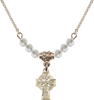 18-Inch Gold Plated Celtic Cross Necklace with 4mm Crystal Beads