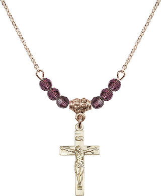 18" Hamilton Gold Plated Necklace with 4mm Amethyst Crystal Beads featuring a 14kt Gold Filled Crucifix Medal.
