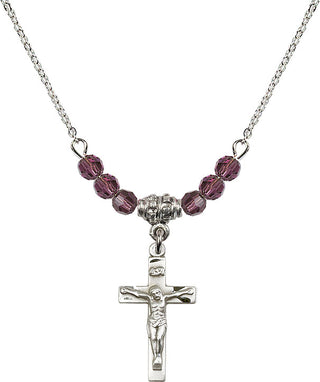 18" Rhodium Plated Necklace with 4mm Amethyst Crystal Beads featuring a Sterling Silver Crucifix Medal.