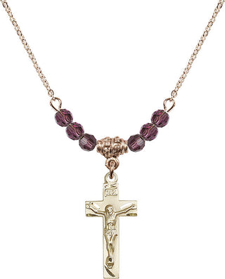 18" Hamilton Gold Plated Necklace with 4mm Amethyst Crystal Beads featuring a 14kt Gold Filled Crucifix Medal.