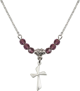 18" Rhodium Plated Necklace with 4mm Amethyst Crystal Beads featuring a Sterling Silver Cross Medal.