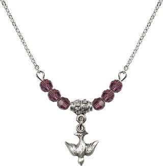 18" Rhodium Plated Necklace with 4mm Amethyst Crystal Beads featuring a Sterling Silver Holy Spirit Medal.