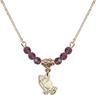 18" Hamilton Gold Plated Necklace with 4mm Amethyst Crystal Beads featuring a 14kt Gold Filled Praying Hands Medal.