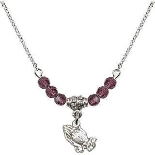 18" Rhodium Plated Necklace with 4mm Amethyst Crystal Beads featuring a Sterling Silver Praying Hands Medal.