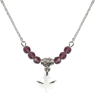18" Rhodium Plated Necklace with 4mm Amethyst Crystal Beads featuring a Sterling Silver Holy Spirit Medal.