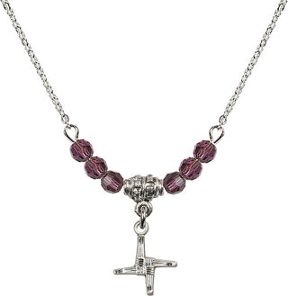 18" Rhodium Plated Necklace with 4mm Amethyst Crystal Beads featuring a Sterling Silver Saint Brigid Cross Medal.
