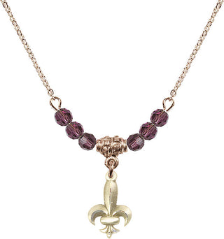 18" Hamilton Gold Plated Necklace with 4mm Amethyst Crystal Beads featuring a 14kt Gold Filled Fleur de Lis Medal.
