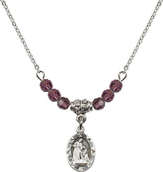 18" Rhodium Plated Necklace with 4mm Amethyst Crystal Beads featuring a Sterling Silver Saint Ann Medal.