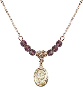 18" Hamilton Gold Plated Necklace with 4mm Amethyst Crystal Beads featuring a 14kt Gold Filled Saint Christopher Medal.