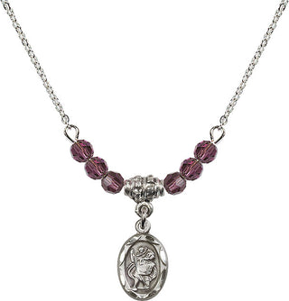 18" Rhodium Plated Necklace with 4mm Amethyst Crystal Beads featuring a Sterling Silver Saint Christopher Medal.