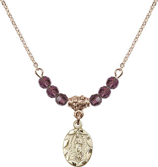 18" Hamilton Gold Plated Necklace with 4mm Amethyst Crystal Beads featuring a 14kt Gold Filled Our Lady of Guadalupe Medal.