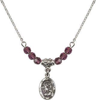 18" Rhodium Plated Necklace with 4mm Amethyst Crystal Beads featuring a Sterling Silver Saint Michael the Archangel Medal.