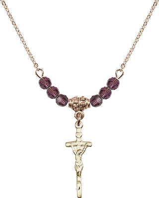 18" Hamilton Gold Plated Necklace with 4mm Amethyst Crystal Beads featuring a 14kt Gold Filled Papal Crucifix Medal.