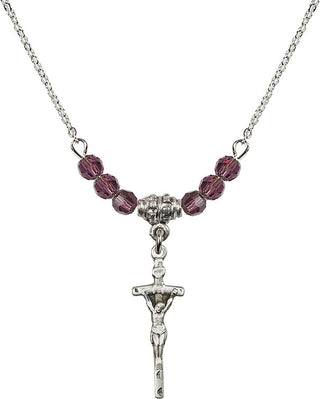 18" Rhodium Plated Necklace with 4mm Amethyst Crystal Beads featuring a Sterling Silver Papal Crucifix Medal.