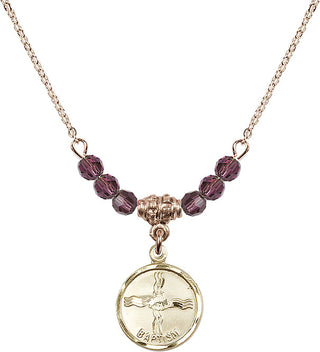 18" Hamilton Gold Plated Necklace with 4mm Amethyst Crystal Beads featuring a 14kt Gold Filled Baptism Medal. Engraved Catholic Saint Jewelry