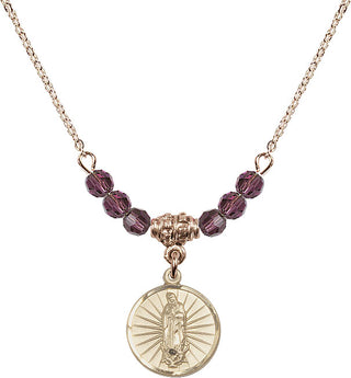 18" Hamilton Gold Plated Necklace with 4mm Amethyst Crystal Beads featuring a 14kt Gold Filled Our Lady of Guadalupe Medal. Engraved Catholic Saint Jewelry