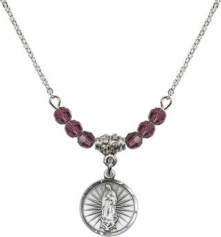 18" Rhodium Plated Necklace with 4mm Amethyst Crystal Beads featuring a Sterling Silver Our Lady of Guadalupe Medal. Engraved Catholic Saint Jewelry