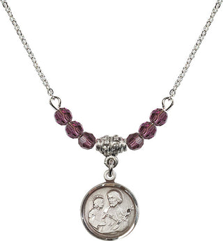18" Rhodium Plated Necklace with 4mm Amethyst Crystal Beads featuring a Sterling Silver Saint Joseph Medal. Engraved Catholic Saint Jewelry