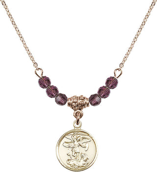 18" Hamilton Gold Plated Necklace with 4mm Amethyst Crystal Beads featuring a 14kt Gold Filled Saint Michael the Archangel Medal.