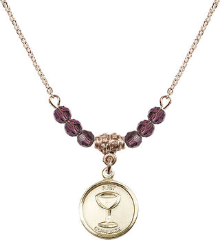 18" Hamilton Gold Plated Necklace with 4mm Amethyst Crystal Beads featuring a 14kt Gold Filled Communion Medal. Engraved Catholic Saint Jewelry