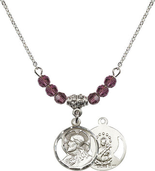 18" Rhodium Plated Necklace with 4mm Amethyst Crystal Beads featuring a Sterling Silver Scapular Medal.