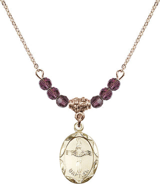 18" Hamilton Gold Plated Necklace with 4mm Amethyst Crystal Beads featuring a 14kt Gold Filled Baptism Medal. Engraved Catholic Saint Jewelry