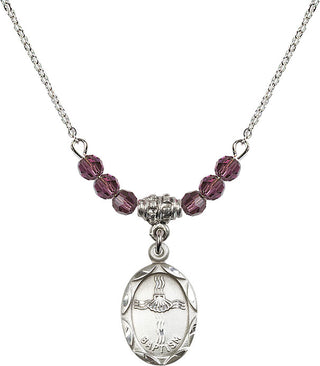 18" Rhodium Plated Necklace with 4mm Amethyst Crystal Beads featuring a Sterling Silver Baptism Medal. Engraved Catholic Saint Jewelry