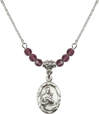18" Rhodium Plated Necklace with 4mm Amethyst Crystal Beads featuring a Sterling Silver Saint Gerard Medal. Engraved Catholic Saint Jewelry