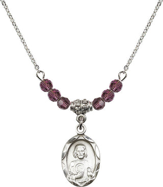 18" Rhodium Plated Necklace with 4mm Amethyst Crystal Beads featuring a Sterling Silver Saint Jude Medal. Engraved Catholic Saint Jewelry