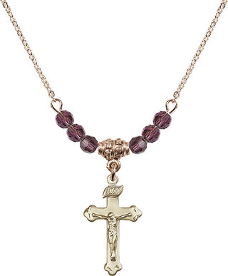 18" Hamilton Gold Plated Necklace with 4mm Amethyst Crystal Beads featuring a 14kt Gold Filled Crucifix Medal.
