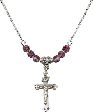 18" Rhodium Plated Necklace with 4mm Amethyst Crystal Beads featuring a Sterling Silver Crucifix Medal.