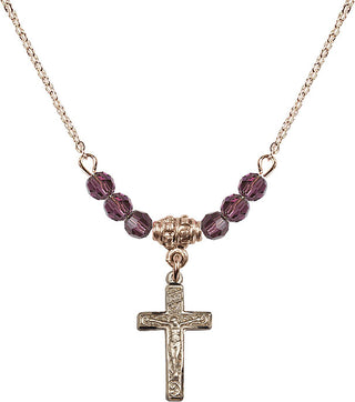 18" Hamilton Gold Plated Necklace with 4mm Amethyst Crystal Beads featuring a 14kt Gold Filled Crucifix Medal.