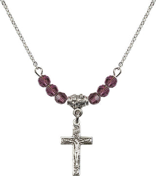 18" Rhodium Plated Necklace with 4mm Amethyst Crystal Beads featuring a Sterling Silver Crucifix Medal.