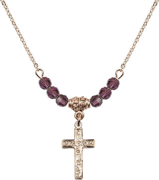 18" Hamilton Gold Plated Necklace with 4mm Amethyst Crystal Beads featuring a 14kt Gold Filled Cross Medal.