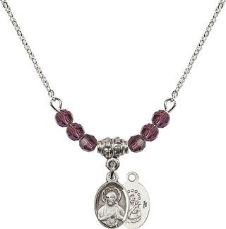 18" Rhodium Plated Necklace with 4mm Amethyst Crystal Beads featuring a Sterling Silver Scapular Medal.
