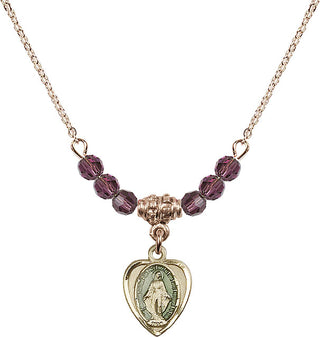 18" Hamilton Gold Plated Necklace with 4mm Amethyst Crystal Beads featuring a 14kt Gold Filled Miraculous Medal.