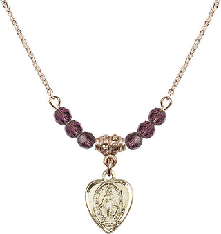 18" Hamilton Gold Plated Necklace with 4mm Amethyst Crystal Beads featuring a 14kt Gold Filled Miraculous Medal.