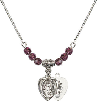 18" Rhodium Plated Necklace with 4mm Amethyst Crystal Beads featuring a Sterling Silver Miraculous Medal.