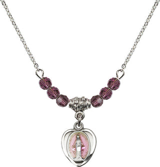 18" Rhodium Plated Necklace with 4mm Amethyst Crystal Beads featuring a Sterling Silver Miraculous Medal.