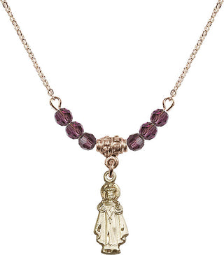 18" Hamilton Gold Plated Necklace with 4mm Amethyst Crystal Beads featuring a 14kt Gold Filled Infant of Prague Medal.