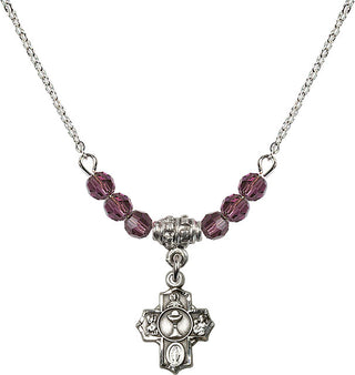 18" Rhodium Plated Necklace with 4mm Amethyst Crystal Beads featuring a Sterling Silver Communion 5-Way Medal.