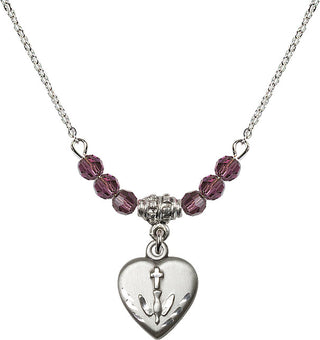 18" Rhodium Plated Necklace with 4mm Amethyst Crystal Beads featuring a Sterling Silver Heart / Confirmation Medal.
