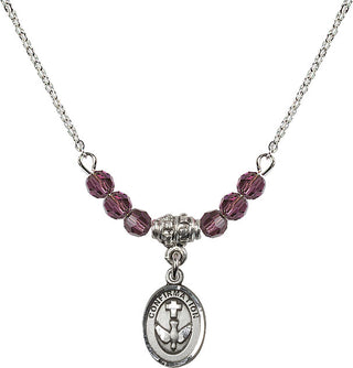 18" Rhodium Plated Necklace with 4mm Amethyst Crystal Beads featuring a Sterling Silver Confirmation Medal.