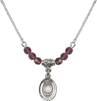 18" Rhodium Plated Necklace with 4mm Amethyst Crystal Beads featuring a Sterling Silver Baptism Medal.