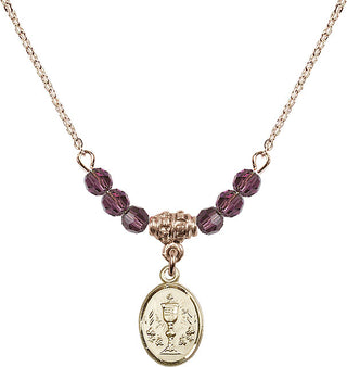 18" Hamilton Gold Plated Necklace with 4mm Amethyst Crystal Beads featuring a 14kt Gold Filled Chalice Medal.